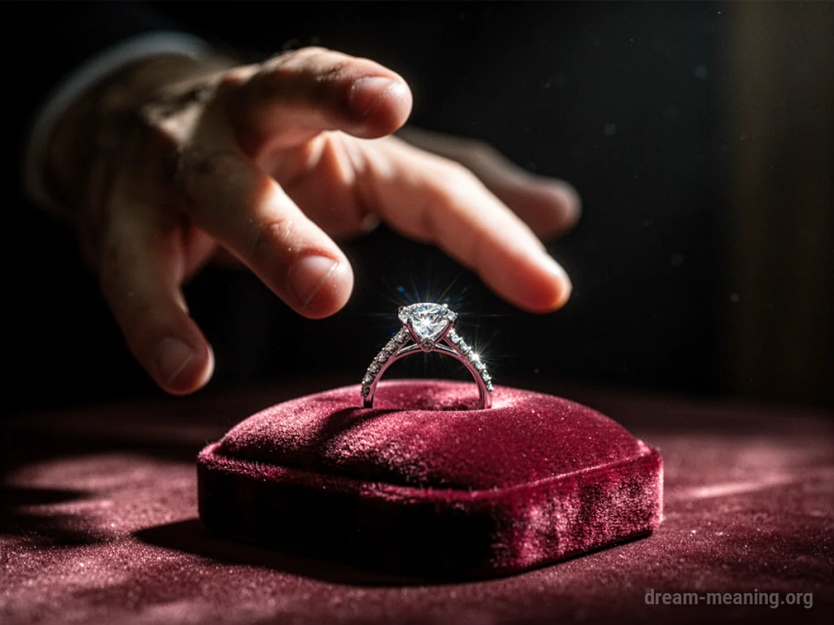 A hand reaching for a diamond ring.