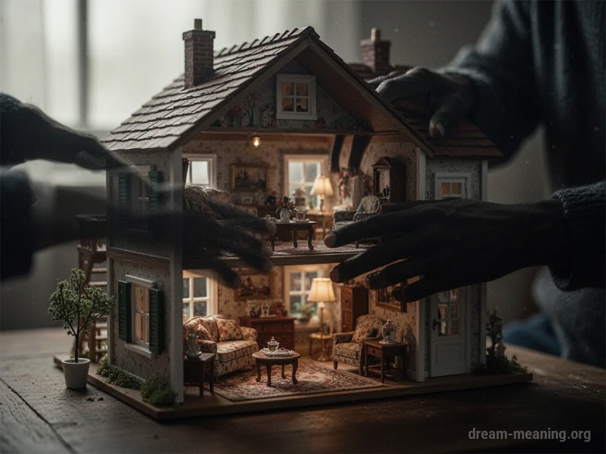 A shadowy figure's hands interacting with a small dollhouse.