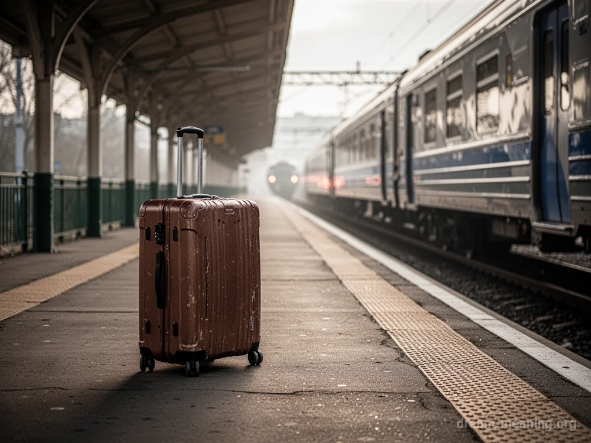 A single suitcase left on a deserted train platform as a train vanishes.
