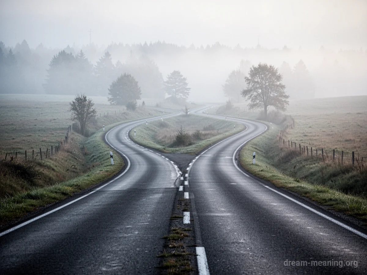A paved road splitting into two separate paths ahead.