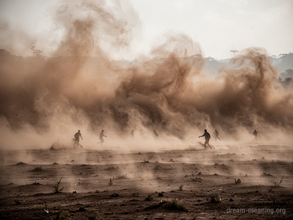 A landscape completely covered in swirling brown dust, with faint silhouettes of people moving.