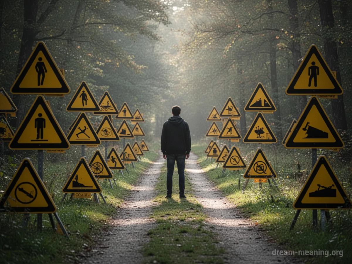 A person standing in a field of warning signs.