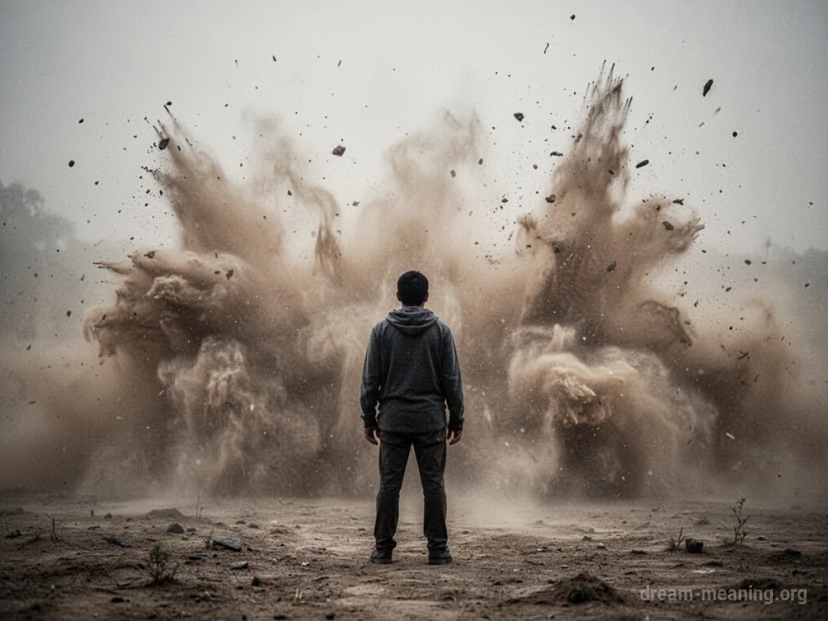 A silhouette of a person standing against a dense, swirling cloud of dust.