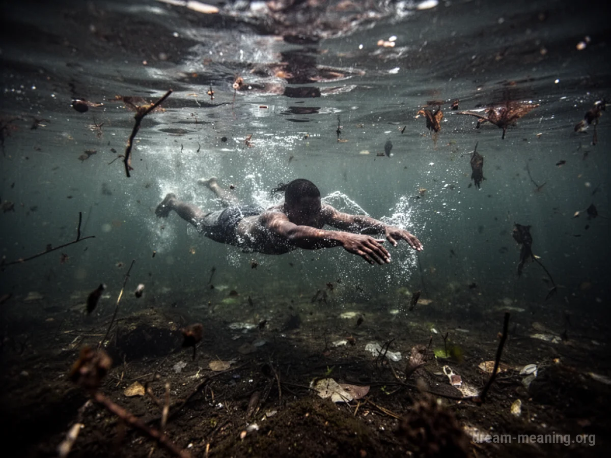 A person struggling to swim in dark, cloudy water with floating particles.
