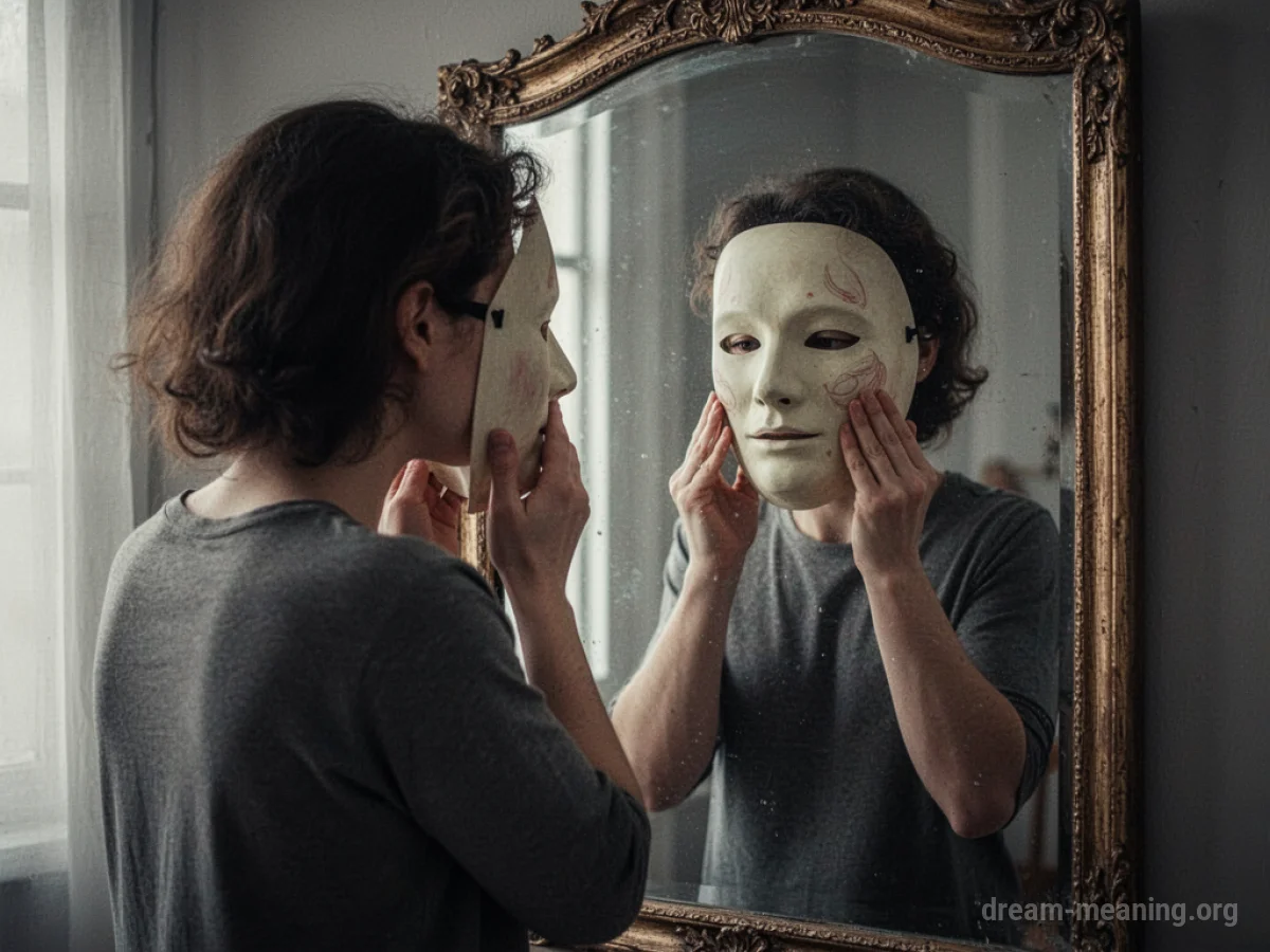 Person removing a mask in front of a mirror.