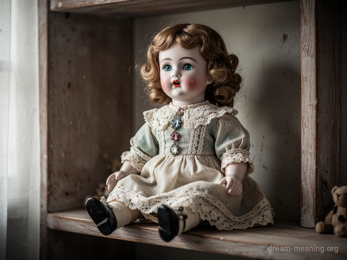 A porcelain doll with an open mouth on a wooden shelf.