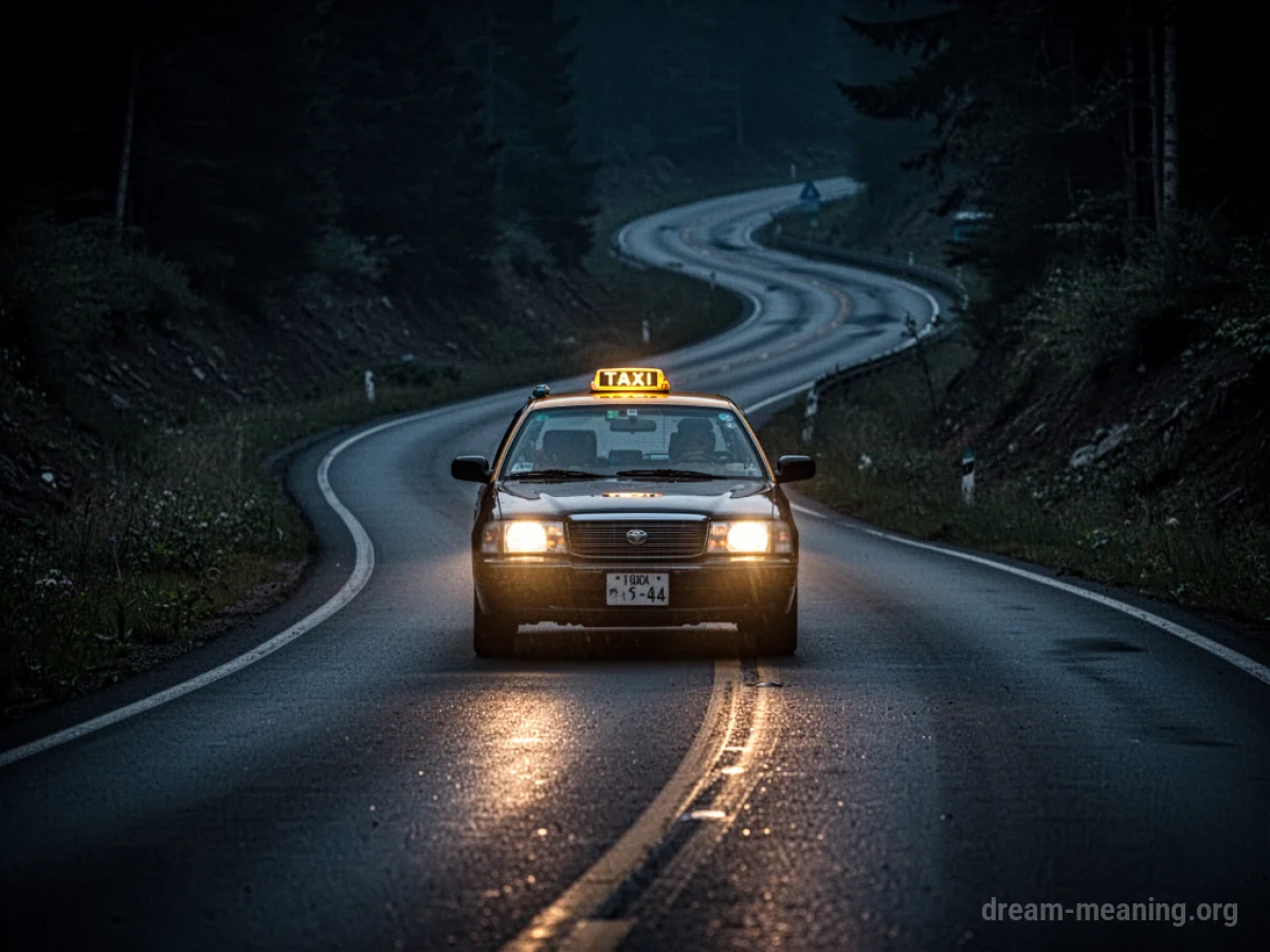 A taxi cab driving on a dark road at night.
