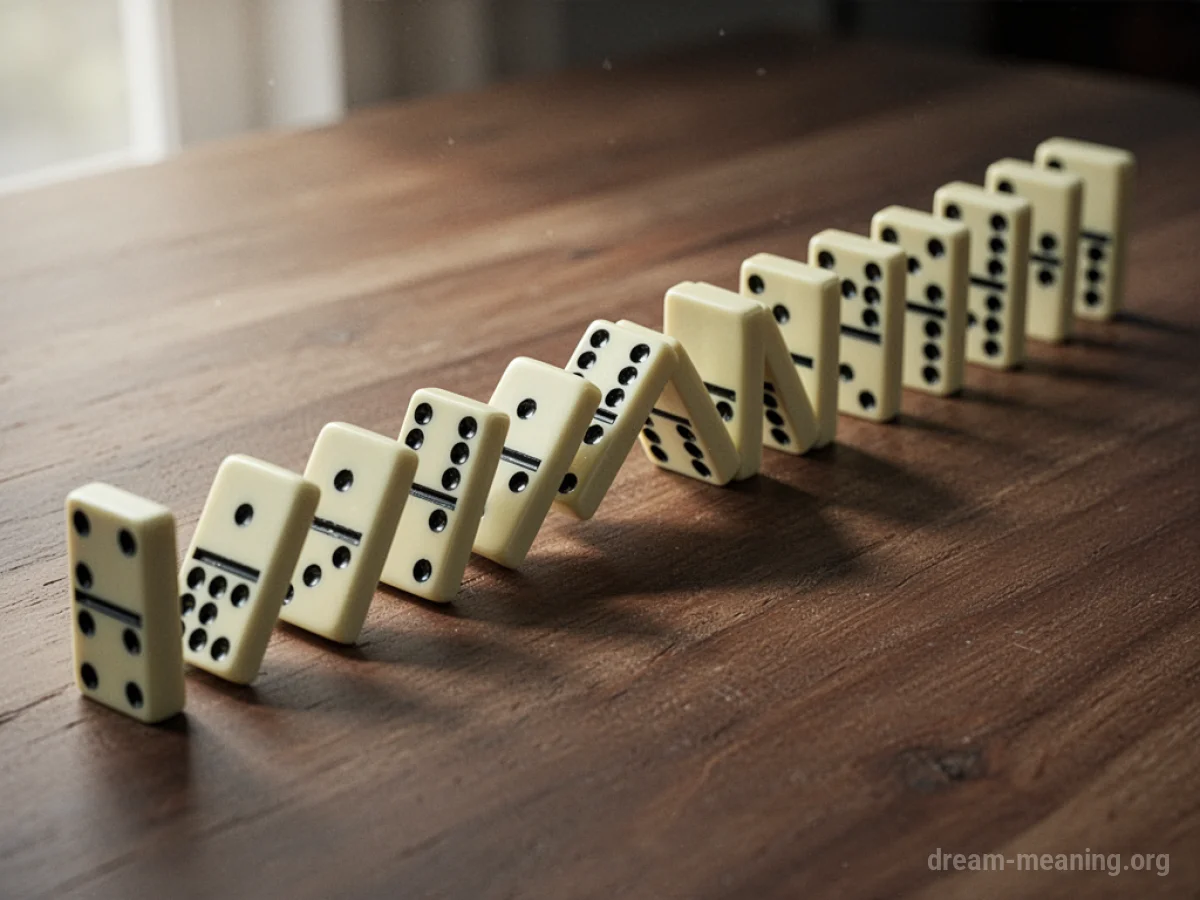 A row of dominoes falling over.