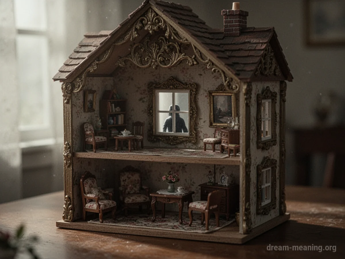 View through a dollhouse window showing a small figure inside.
