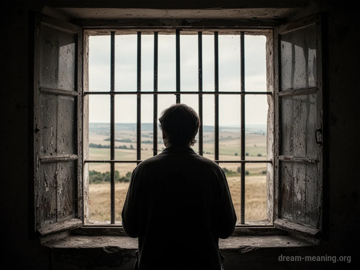 Silhouette of a person behind bars looking towards an open horizon.