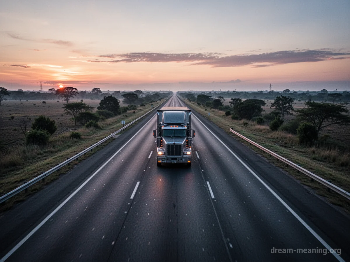 A semi-truck on a highway at sunset.