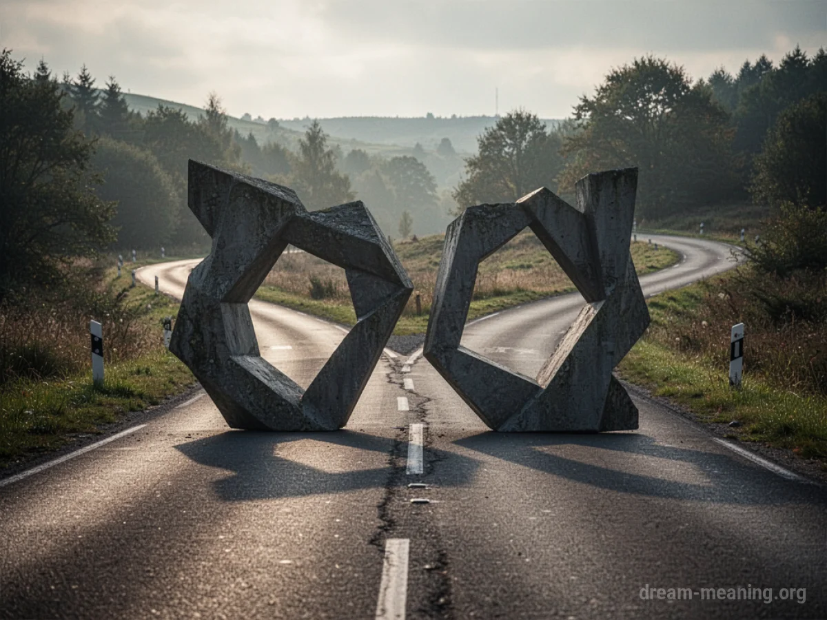 A road splits into two, blocked by an unseen force.