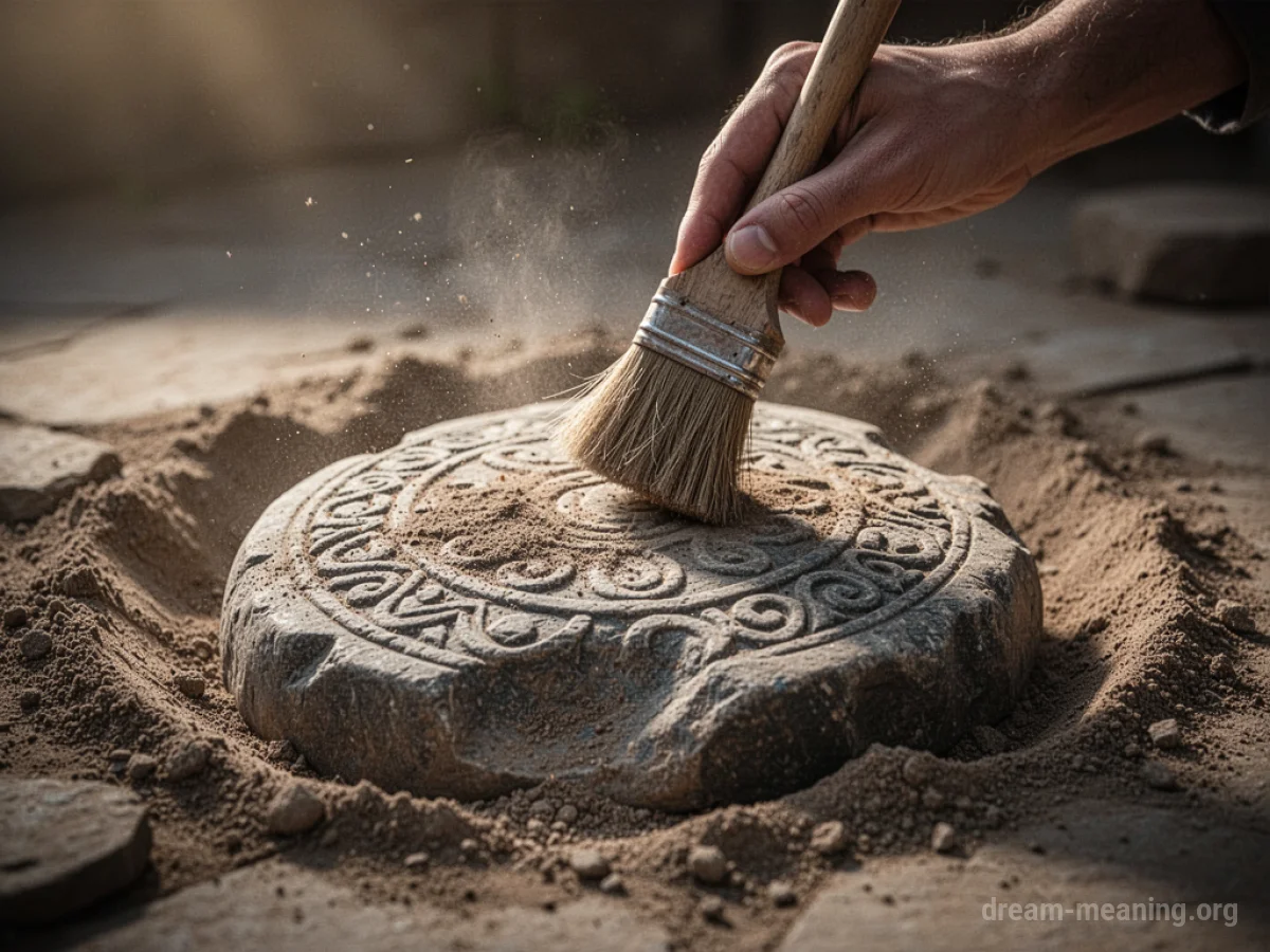 A hand gently clearing dirt from an old carved object.