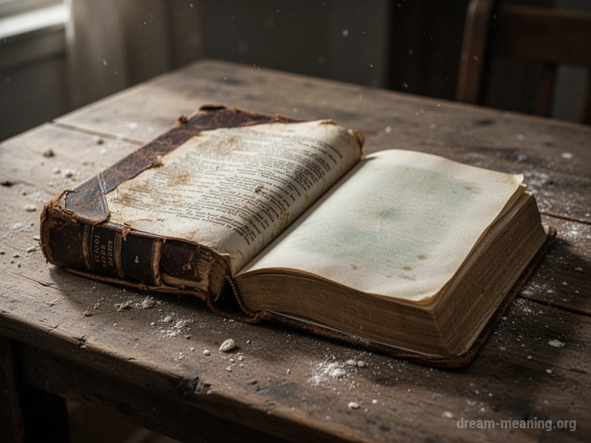 An open book with faded pages on a table.