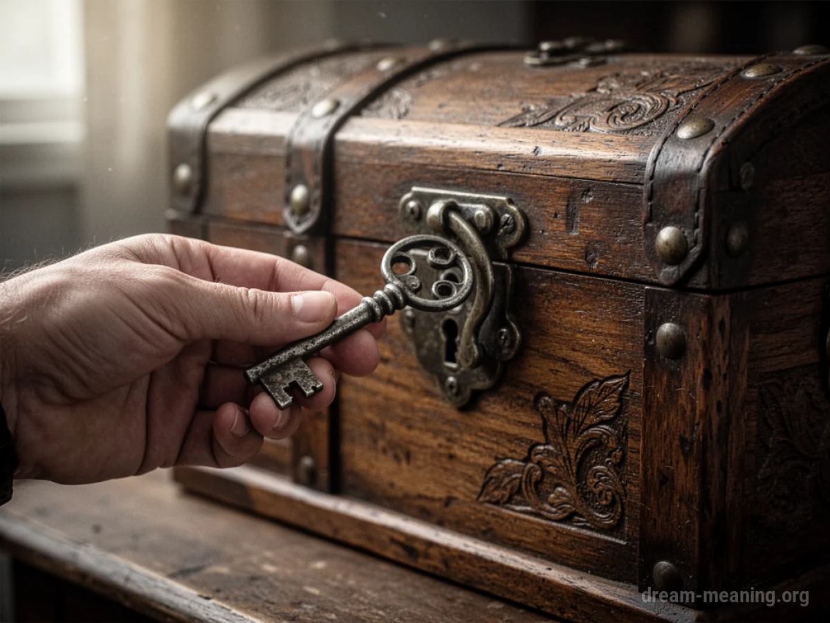 A hand holds an old key near a closed wooden chest.