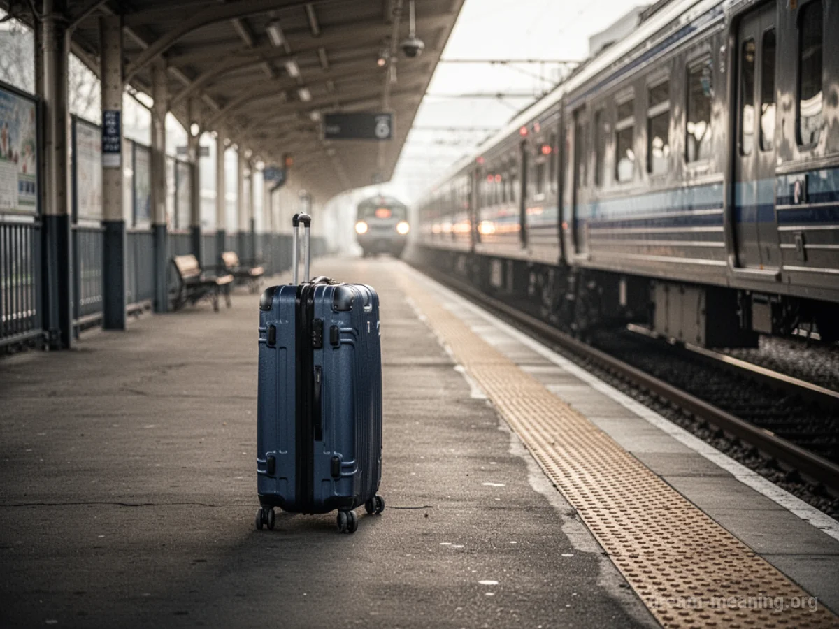 A single suitcase left on a deserted train platform.