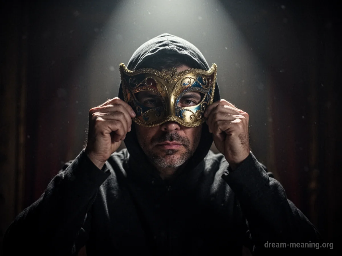 A person's hand pulling away a mask from another person's face.
