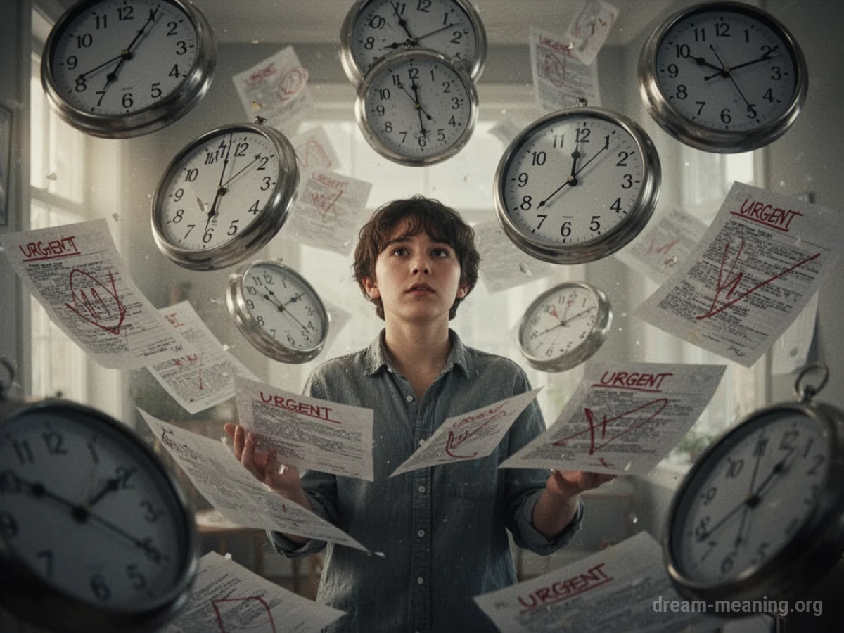 A person overwhelmed by numerous clocks and documents.