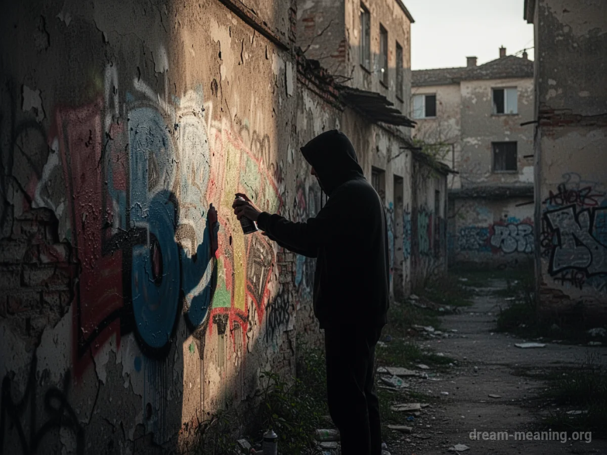 Silhouette of a vandal spray-painting a wall in a desolate urban setting.