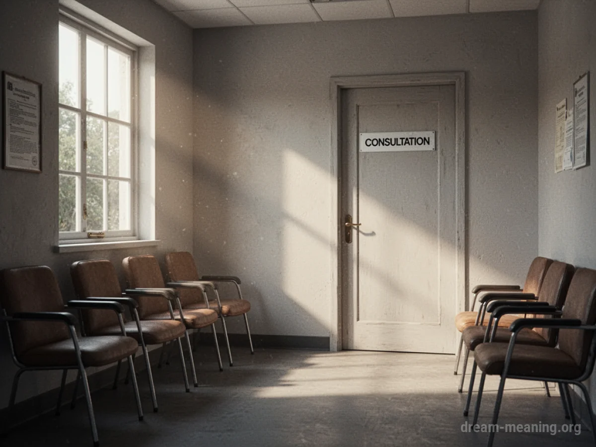 A waiting room with a door and sunlight.