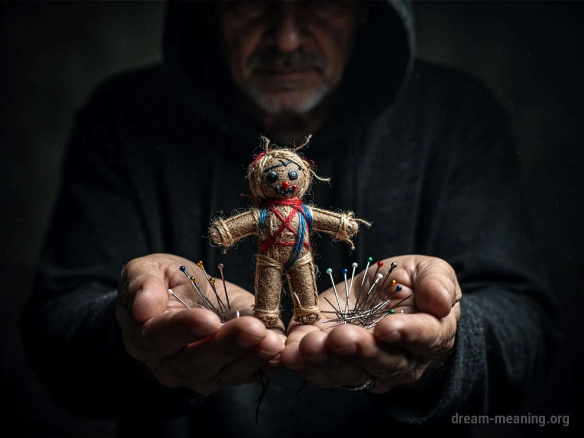 A hand holding a voodoo doll with pins scattered around it.