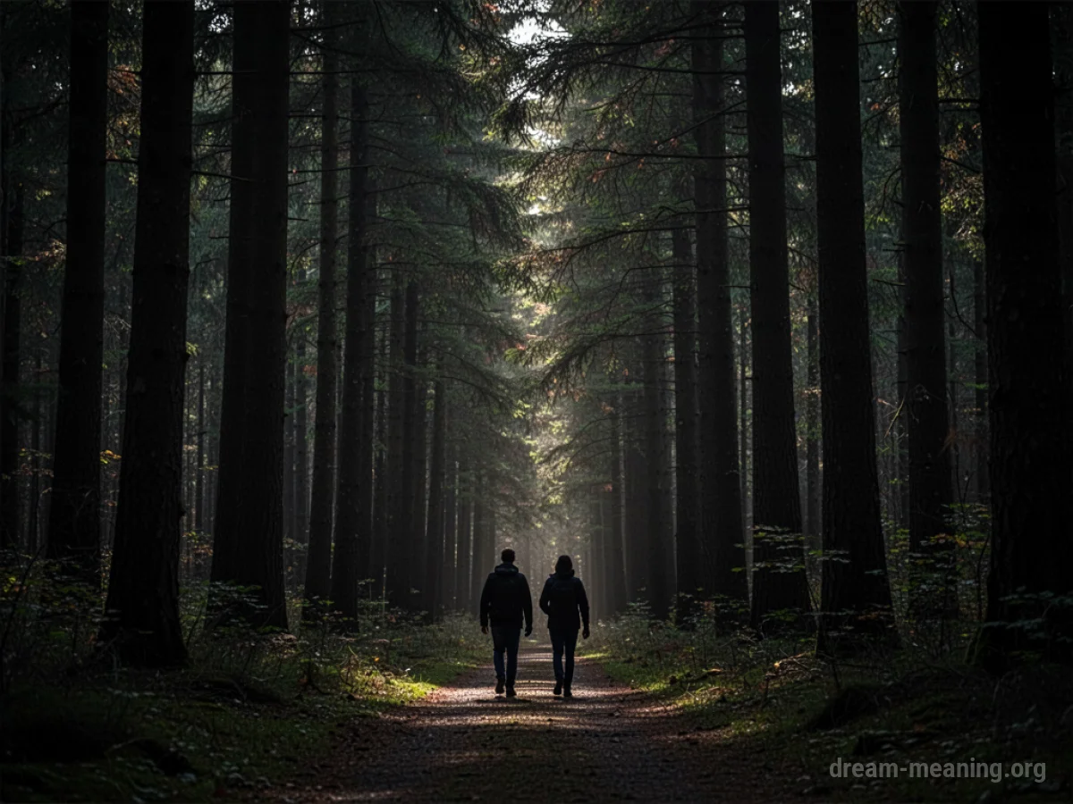 Two silhouettes walking into a dark forest on a shadowy path.