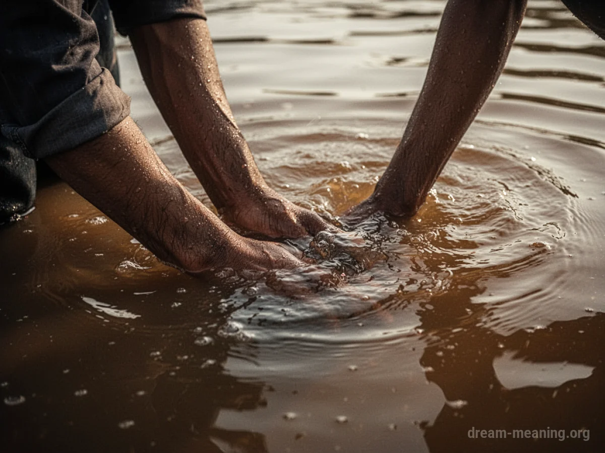 Legs wading through brown, clouded water.