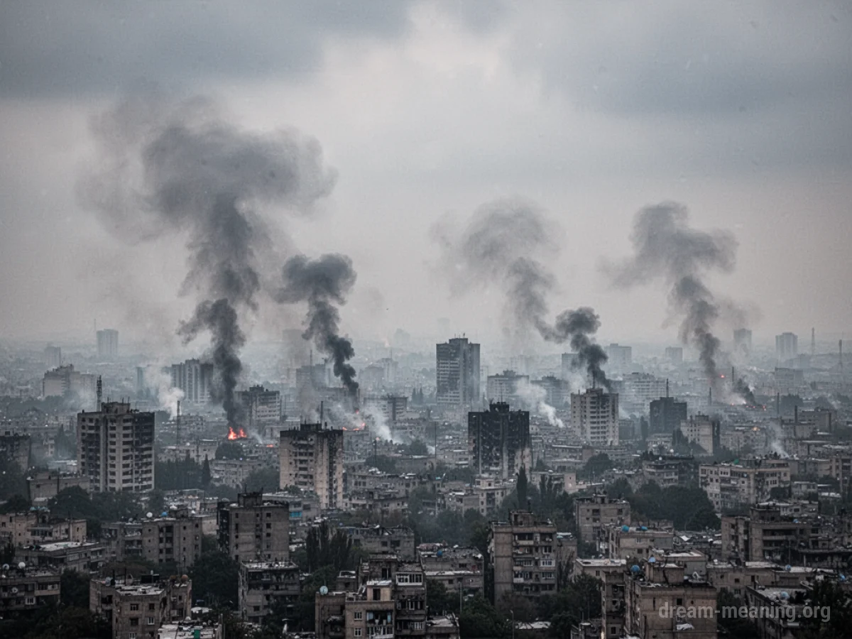 A silhouette of a city skyline with plumes of smoke in the distance.