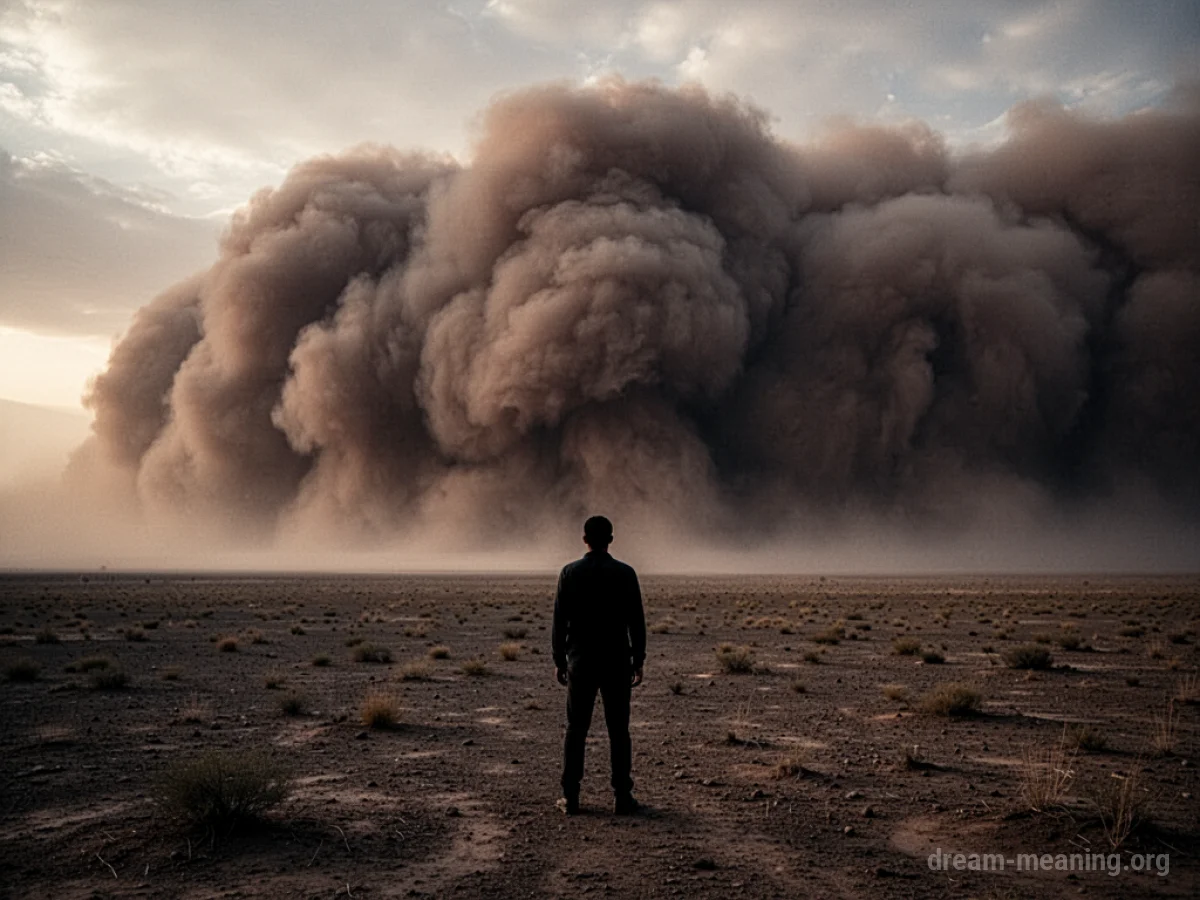 Silhouette of a person facing a large dust storm approaching across a dry plain.