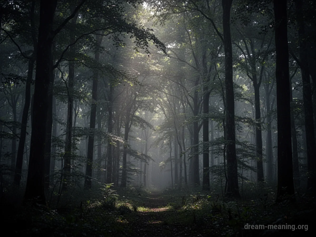 A view into a dark, dense forest with faint light.
