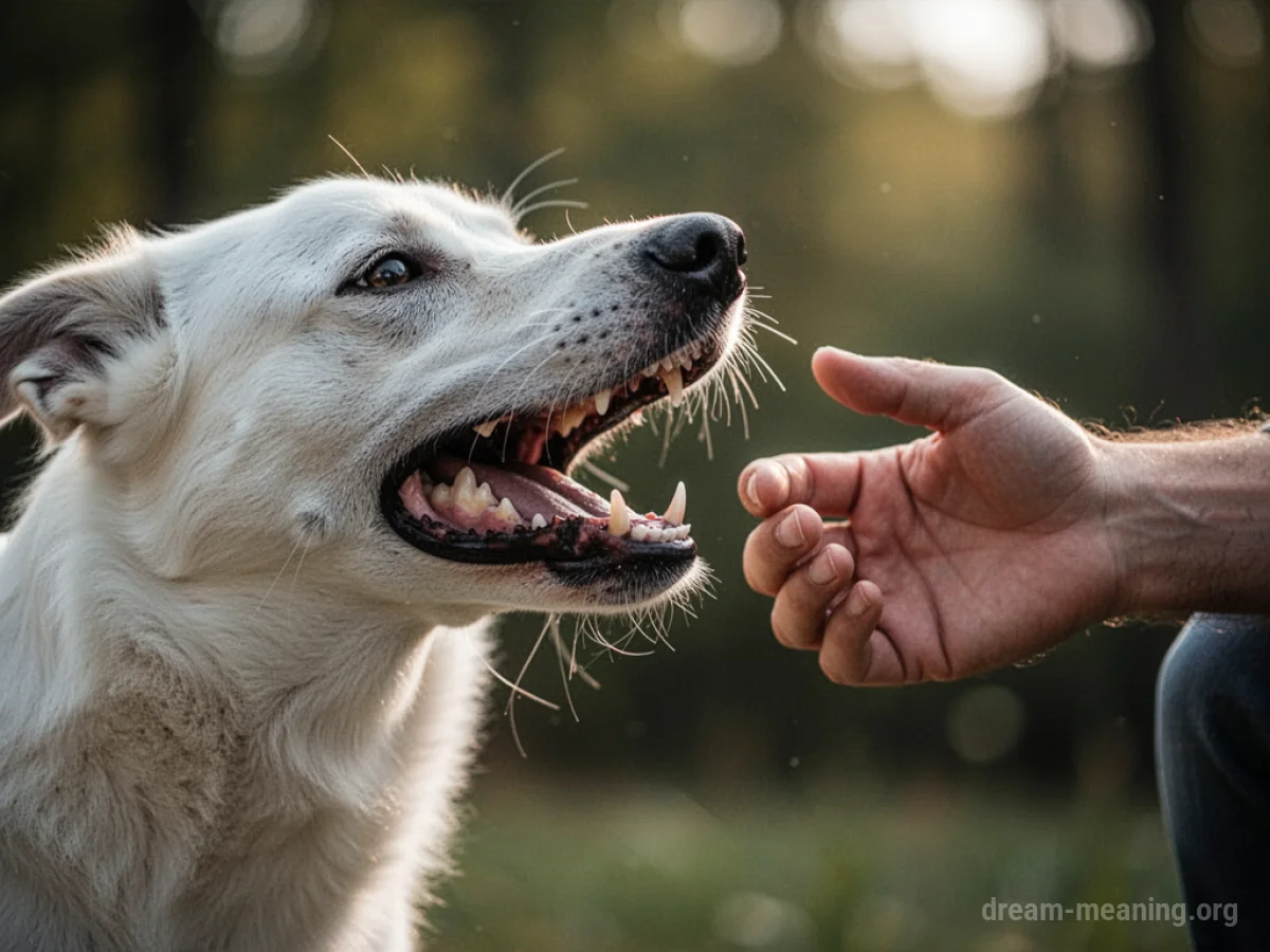 A white dog bares its teeth towards a person's hand.