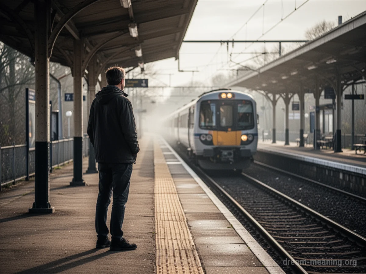A person stands on an empty train platform as a train departs.