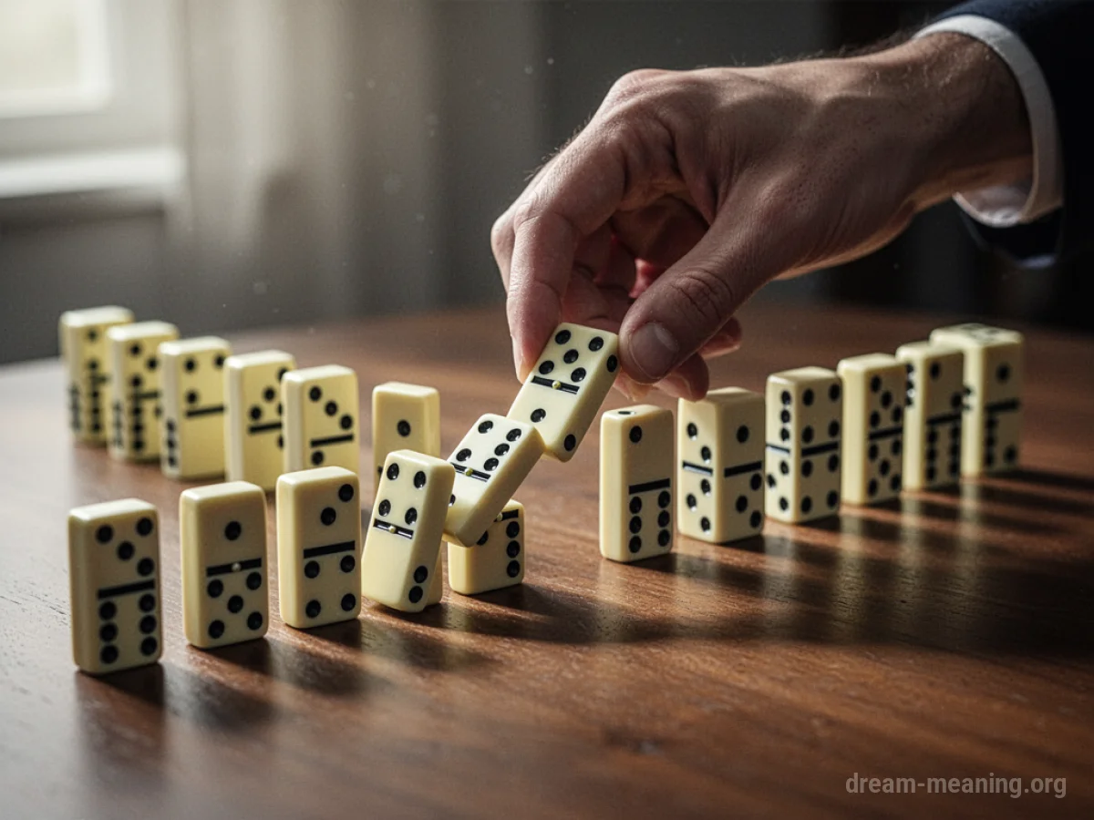 A hand placing the last domino in a line, completing a pattern.