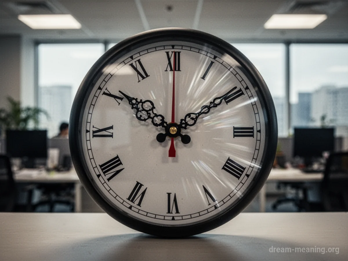 Clock face nearing midnight in an office setting.