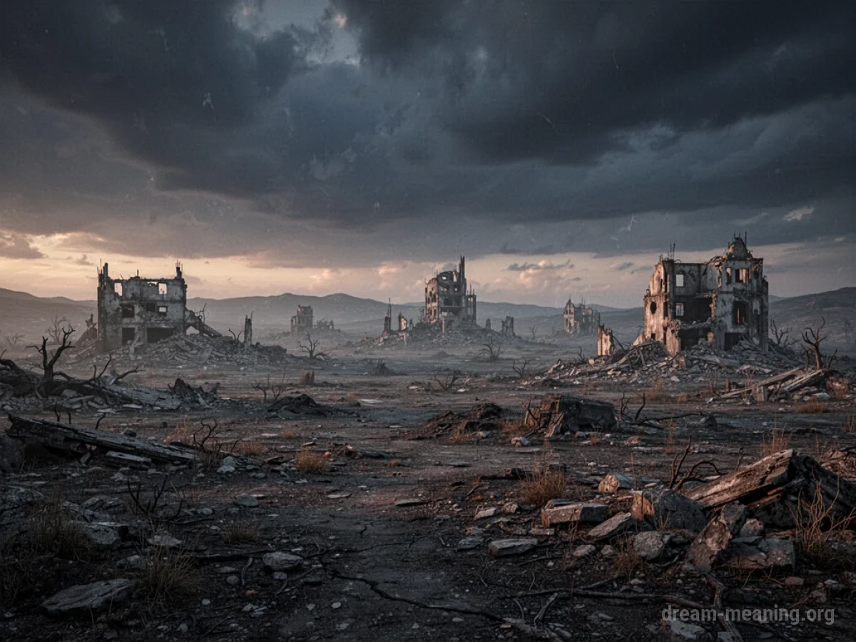 A desolate landscape with crumbling structures under a dark sky.