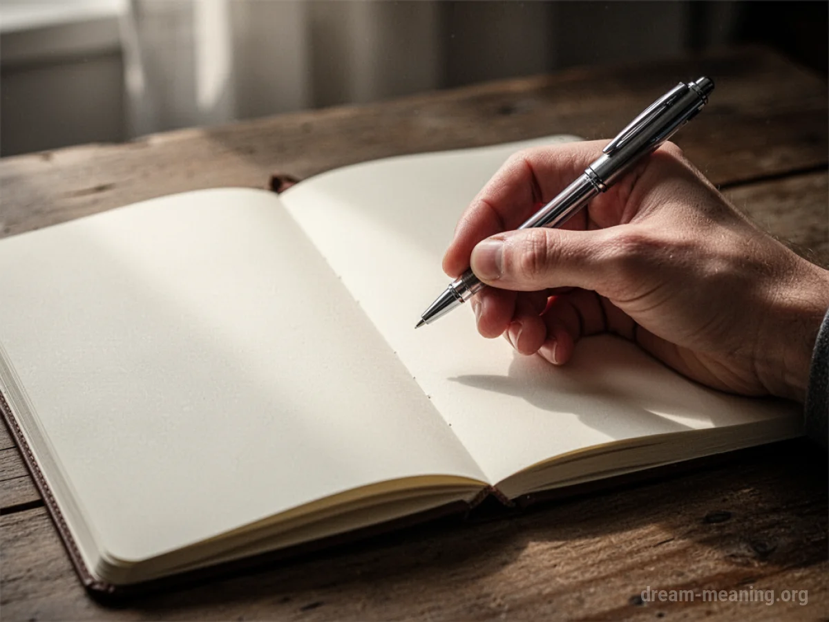 A hand holding a pen above an open diary.