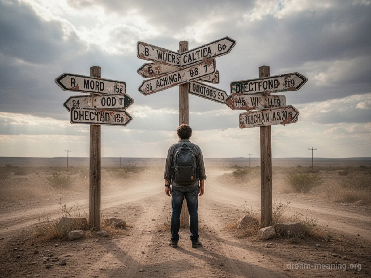 A person at a crossroads with signs pointing in multiple directions.