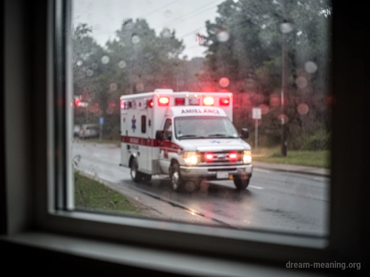 View of a flashing ambulance through a window.