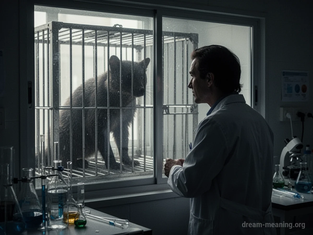 Silhouette of a person observing an animal in a laboratory cage.