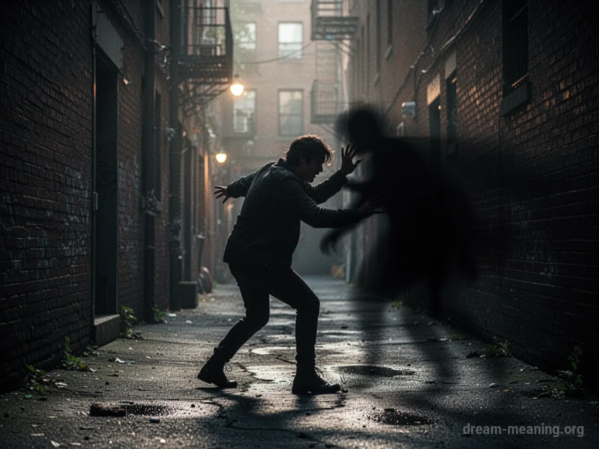 A shadowy, indistinct figure looms behind a person recoiling in a dark alley.