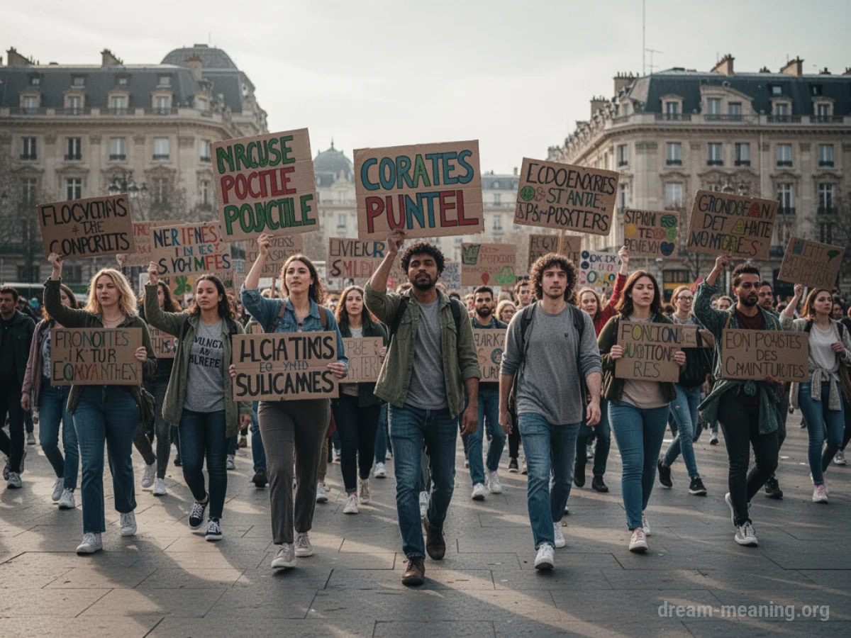 Silhouettes of people holding signs and banners while marching.