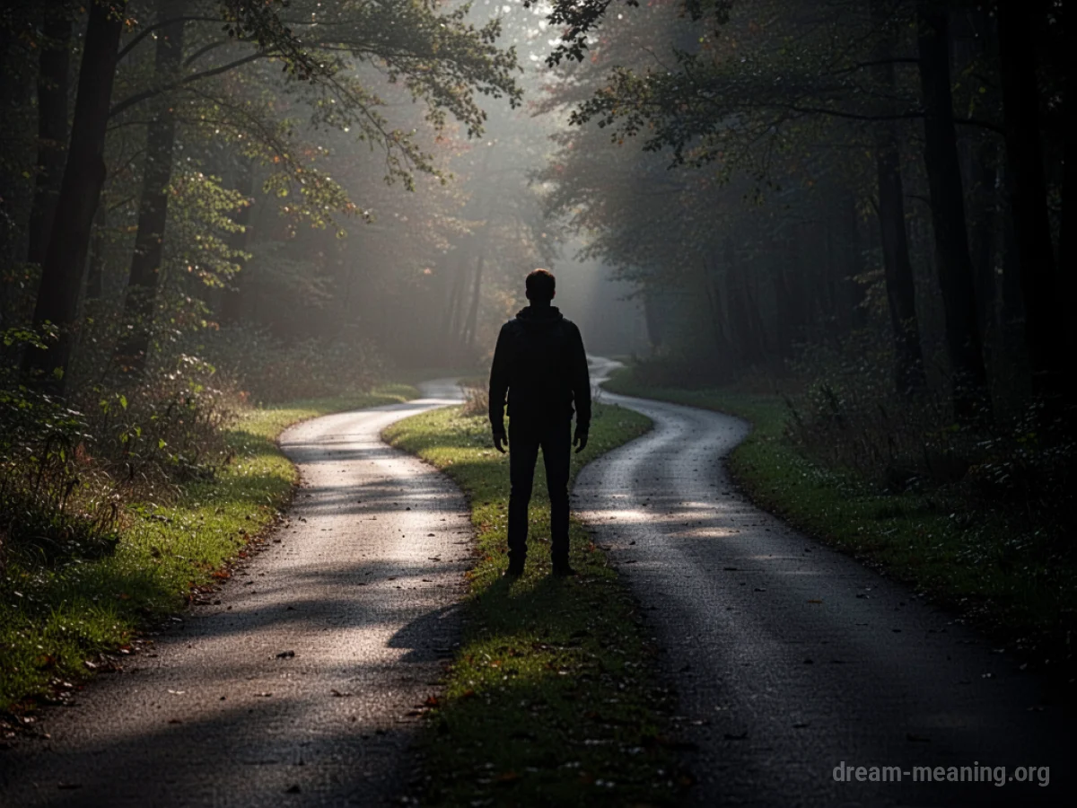 A silhouetted figure stands at a fork in the road, one path is dark, the other is faintly lit.