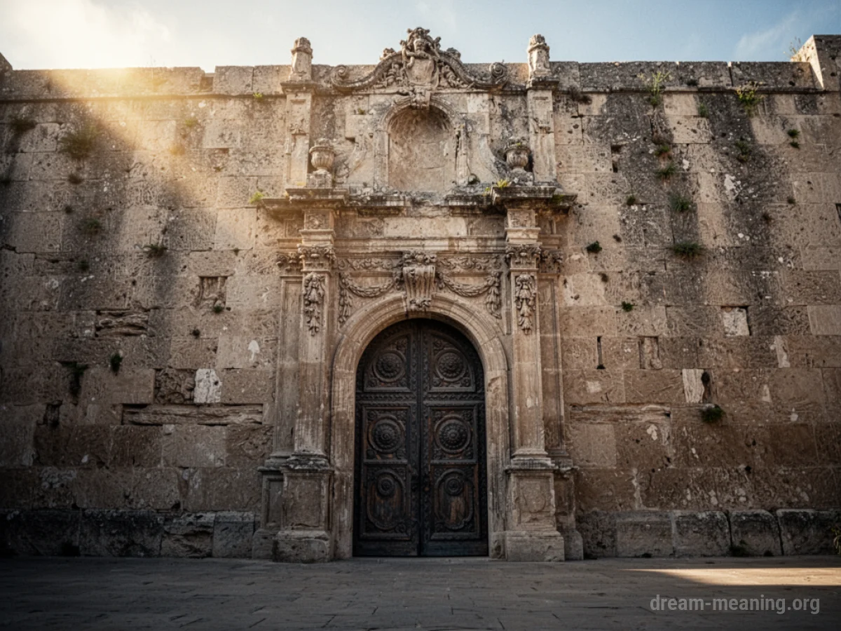 A stone wall blocking a large doorway.