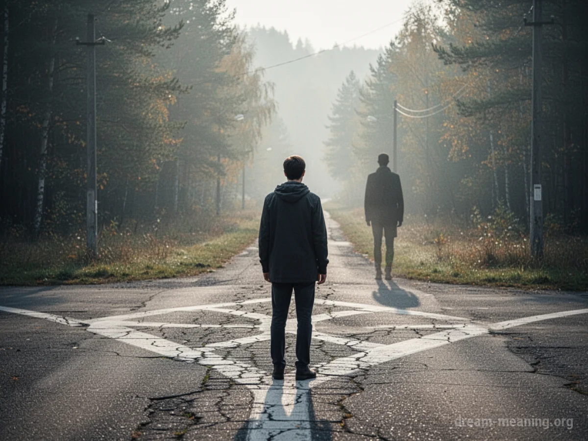 A person standing at a crossroads, looking back at a distant figure.