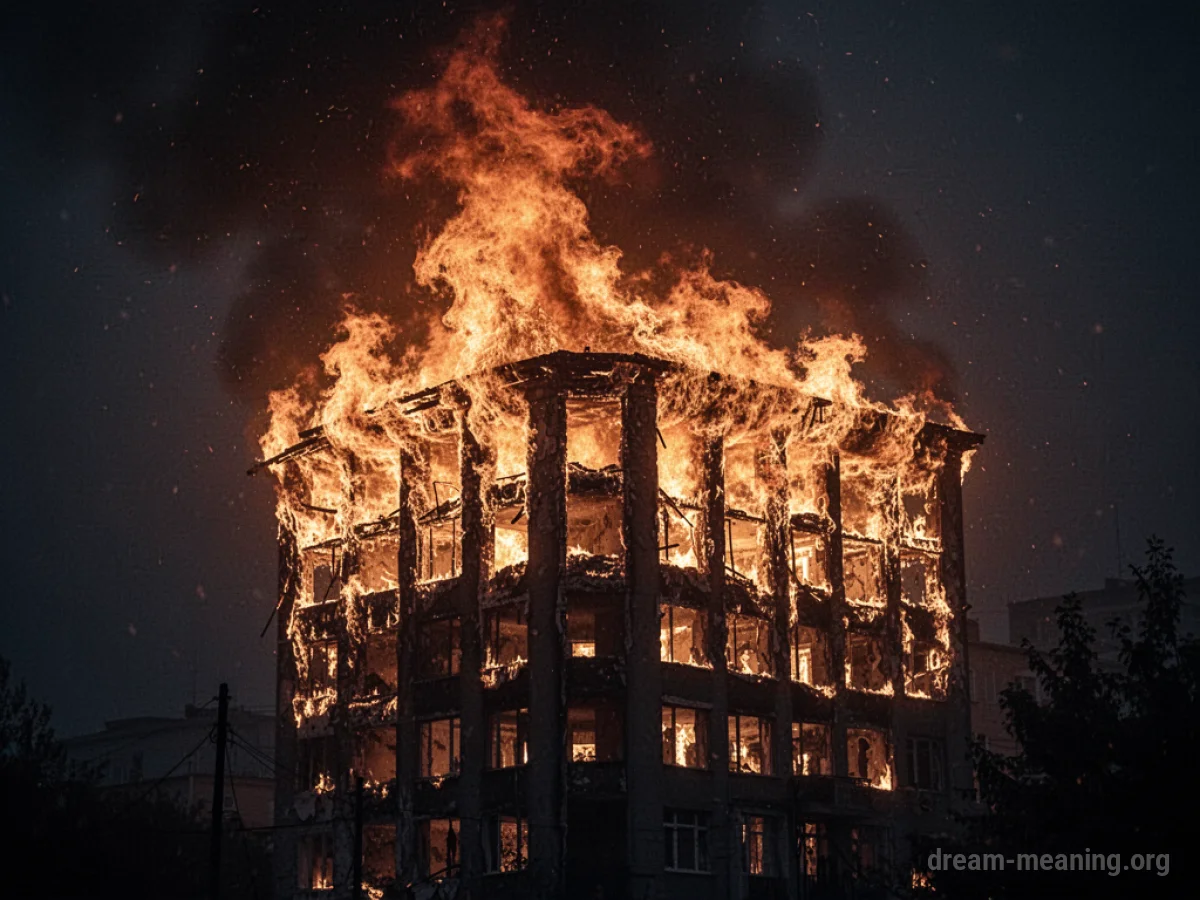 A dark silhouette of a building with bright orange flames and smoke rising from its windows.