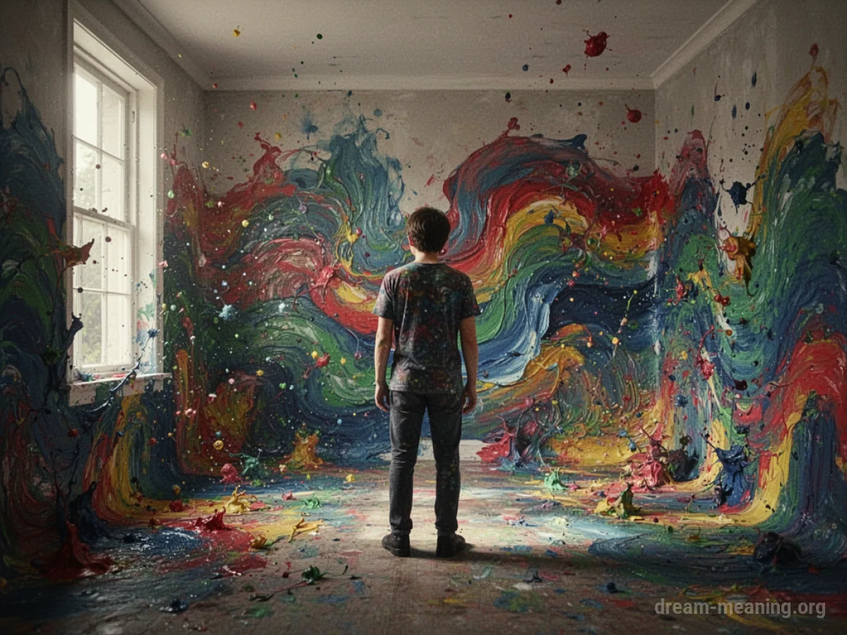 A person inside a room with walls made of flowing paint.