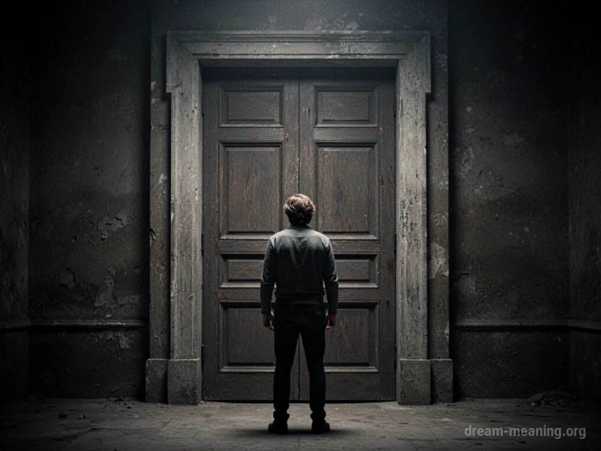 A person standing in front of a closed door.