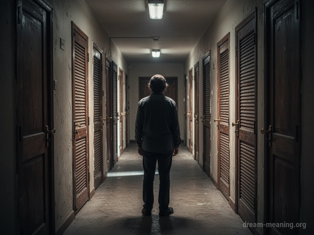 Person in a dark maze facing many closed doors.