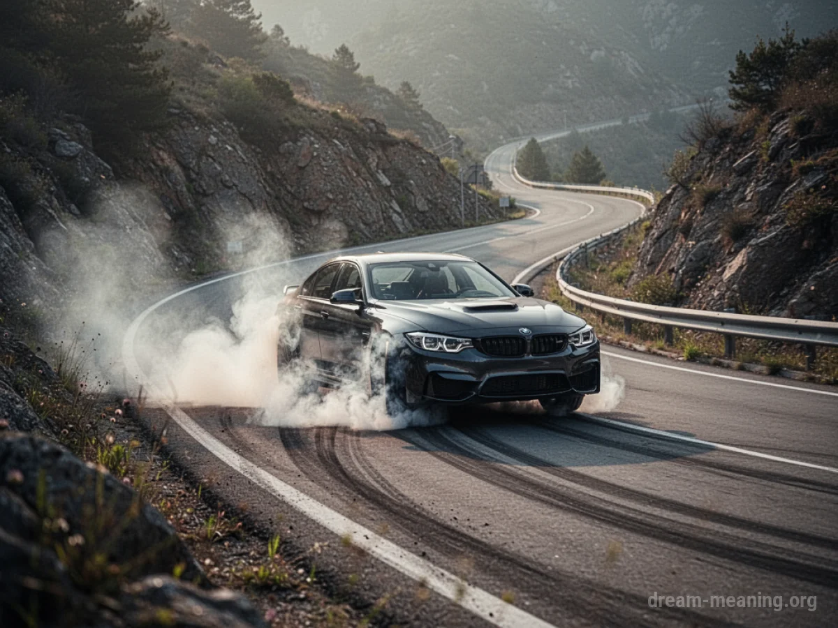 A car skidding on a downward sloping road with visible smoke from the wheels.