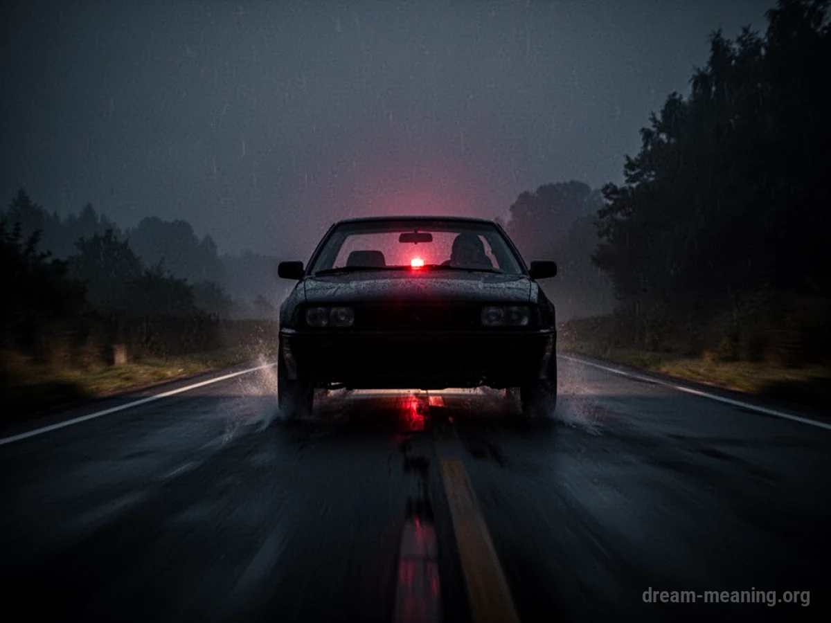 A car's silhouette on a dark road with a distant red light.